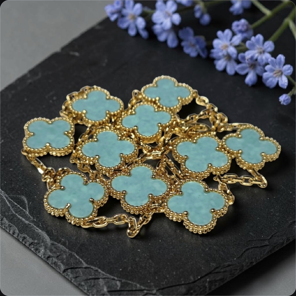 Luxury 18k Gold Plated Turquoise Clover 10 Station Alhambra Necklace - Picture 2 of 5